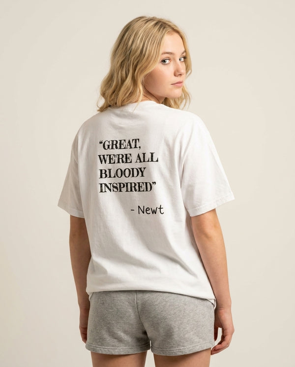 Great, We're All Bloody Inspired - Newt T-Shirt — White Back, worn