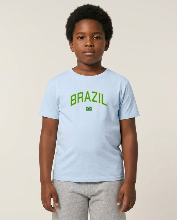 Brazil Team Kit Kids T-Shirt — Blue Front, worn