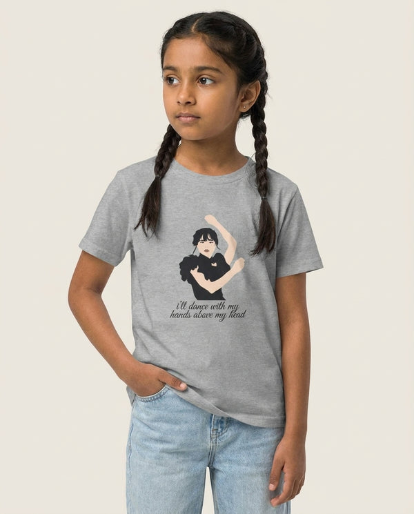I'll Dance With My Hands Above My Head Wednesday Kids T-Shirt — Grey Front, worn