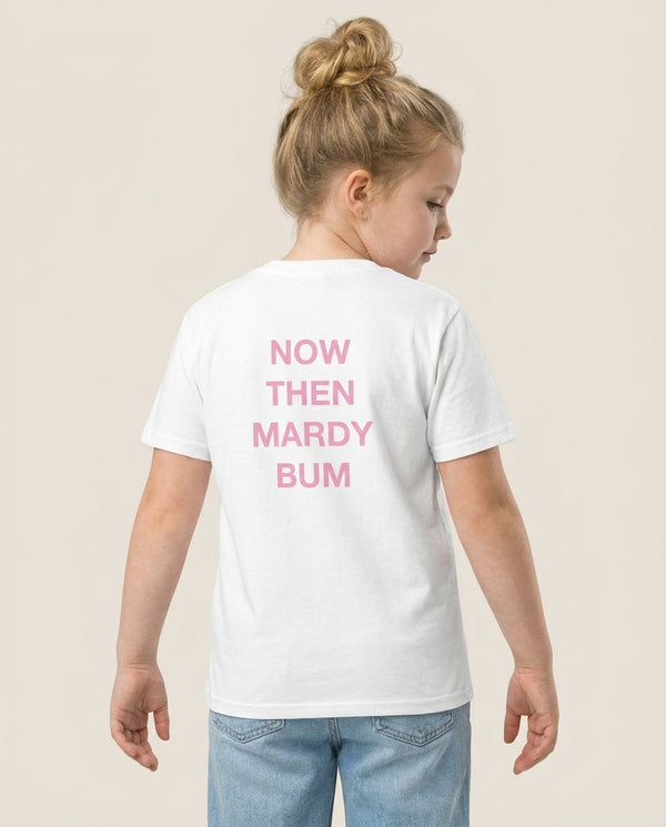 Mardy Bum Kids T-Shirt — White Back, worn