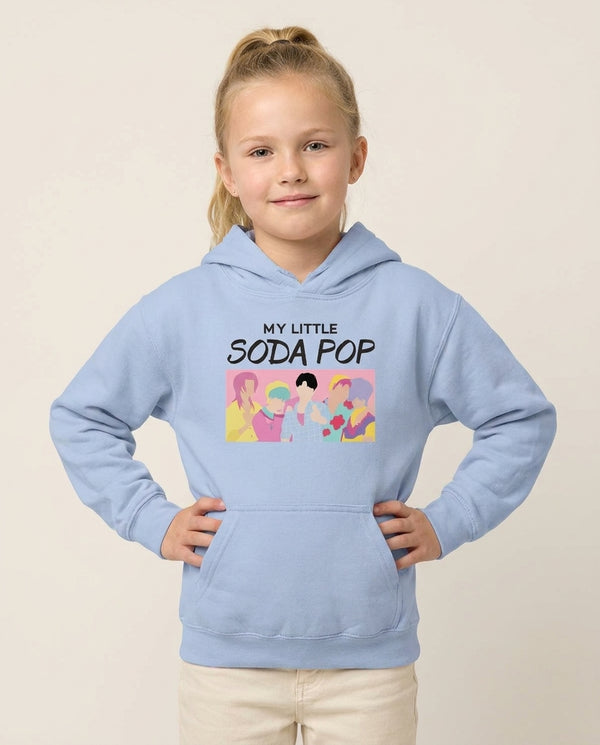 My Little Soda Kids Hoodie — Blue Front, worn