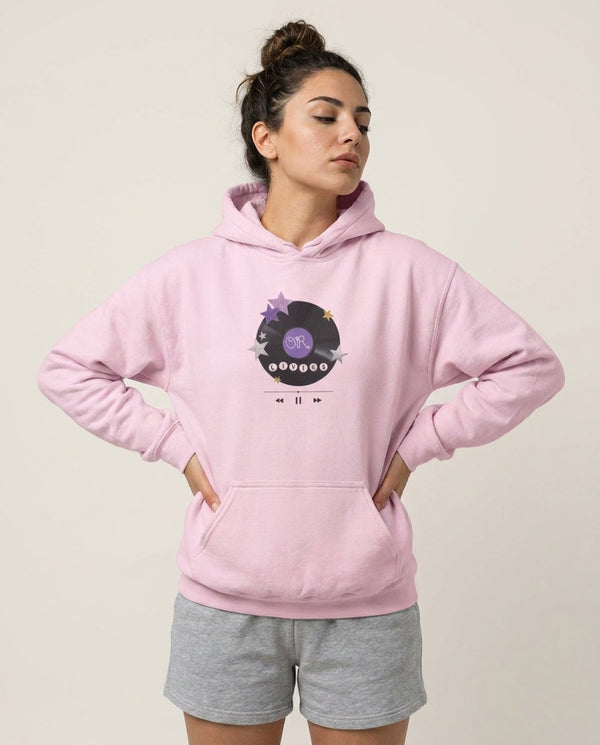 Amethyst Vinyl Scrapbook Hoodie — Pink Front, worn