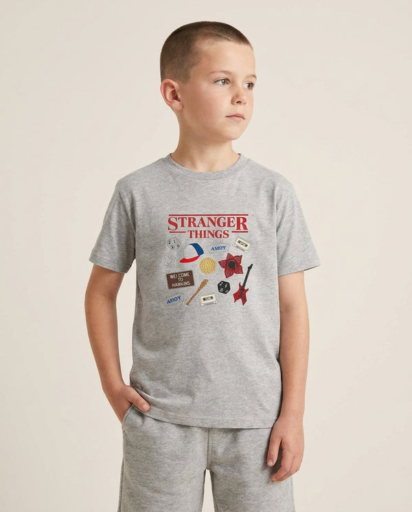 Stranger Things Cartoon Icons Kids T-Shirt — Grey Front, worn