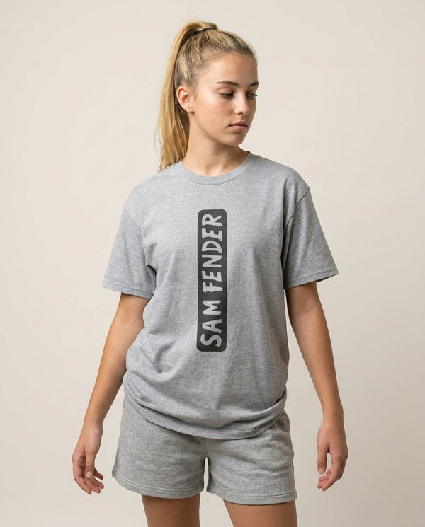 Fender Vertical T-Shirt — Grey Front, worn