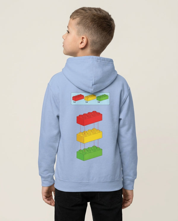 Bricks Instruction Set Kids Hoodie — Blue Back, worn