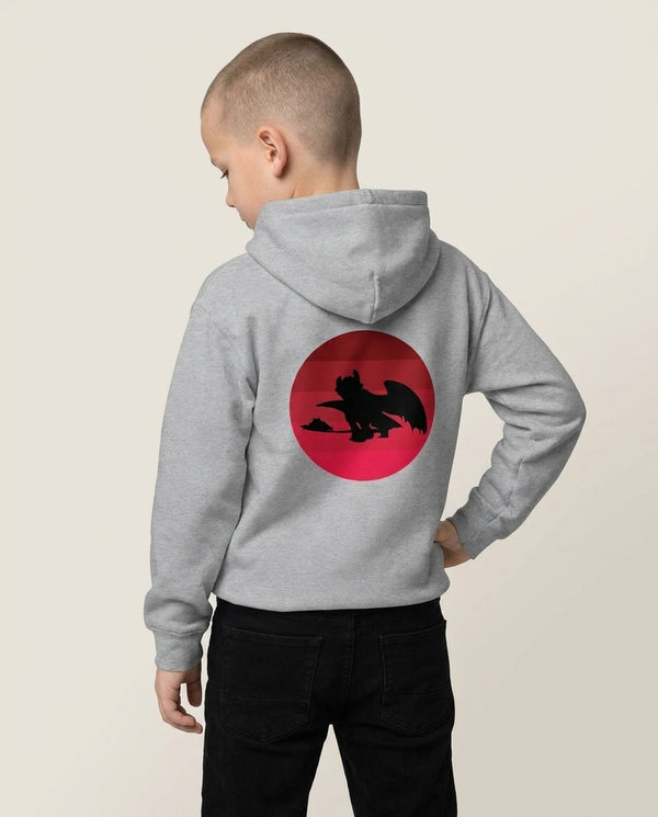 Red Sunset Dragon Kids Hoodie — Grey Back, worn