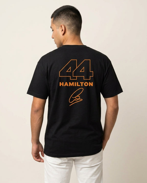Stripes 44 Hamilton T-Shirt — Black Back, worn