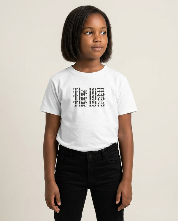 Title - The 1975 Kids T-Shirt — White Front, worn
