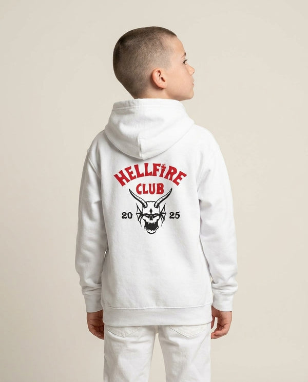 Hellfire Club 2025 Kids Hoodie — White Back, worn