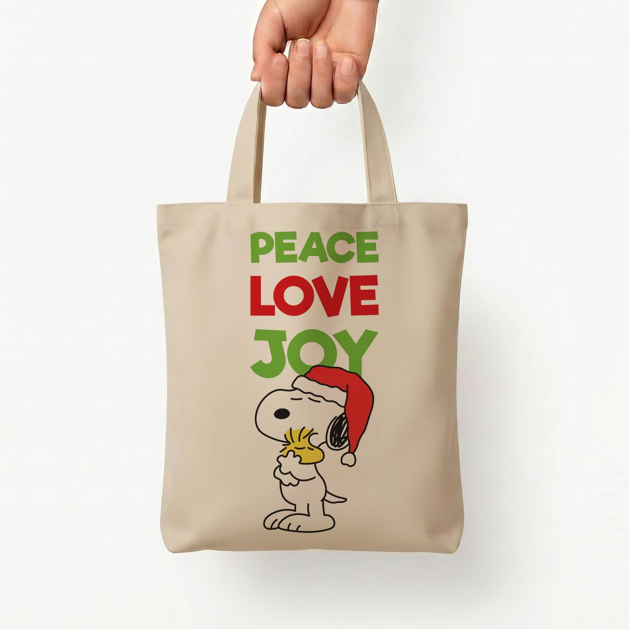 Peace, Love, Joy Christmas Cartoon Beagle Tote Bag — Natural / Small