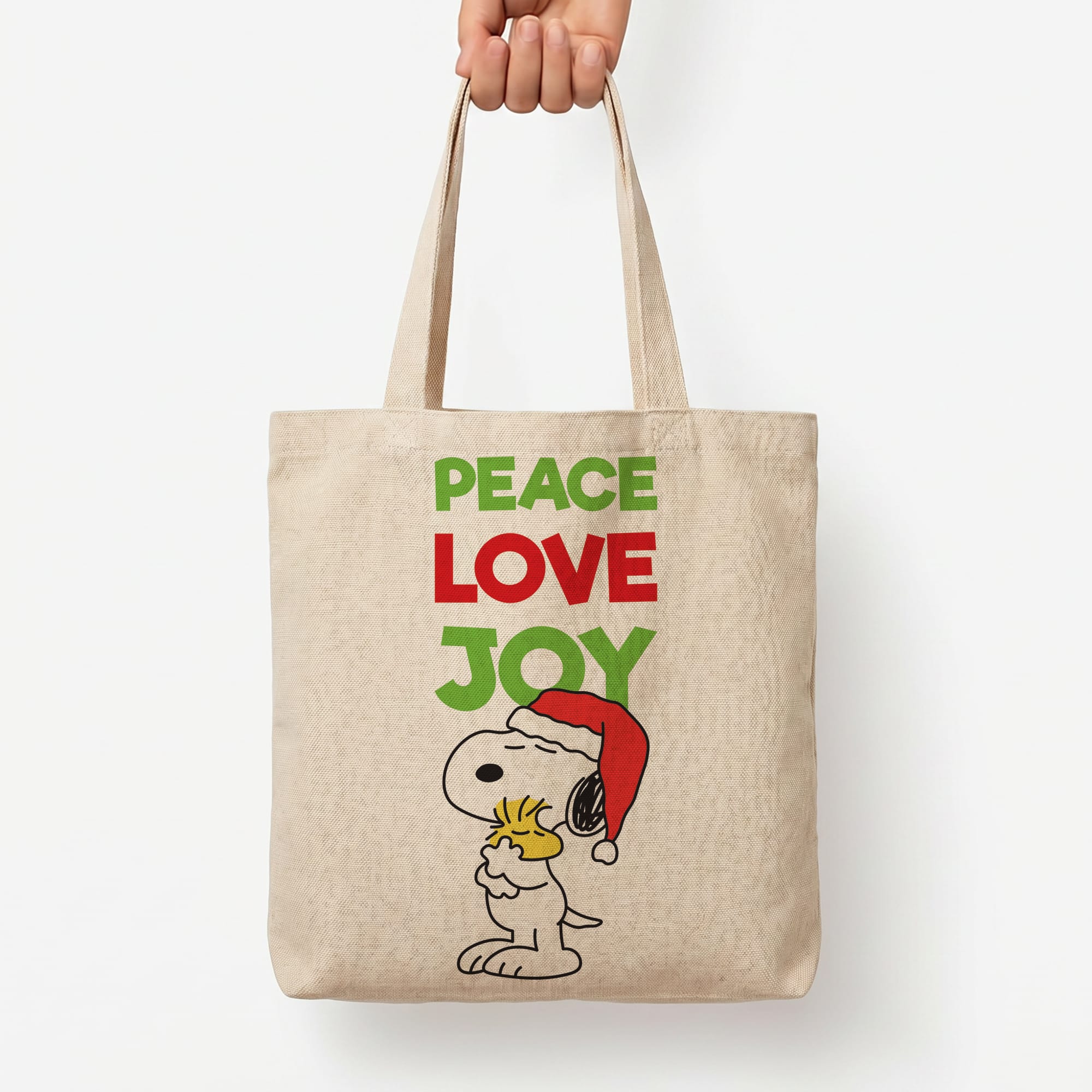 Peace, Love, Joy Christmas Cartoon Beagle Tote Bag — Natural / Large