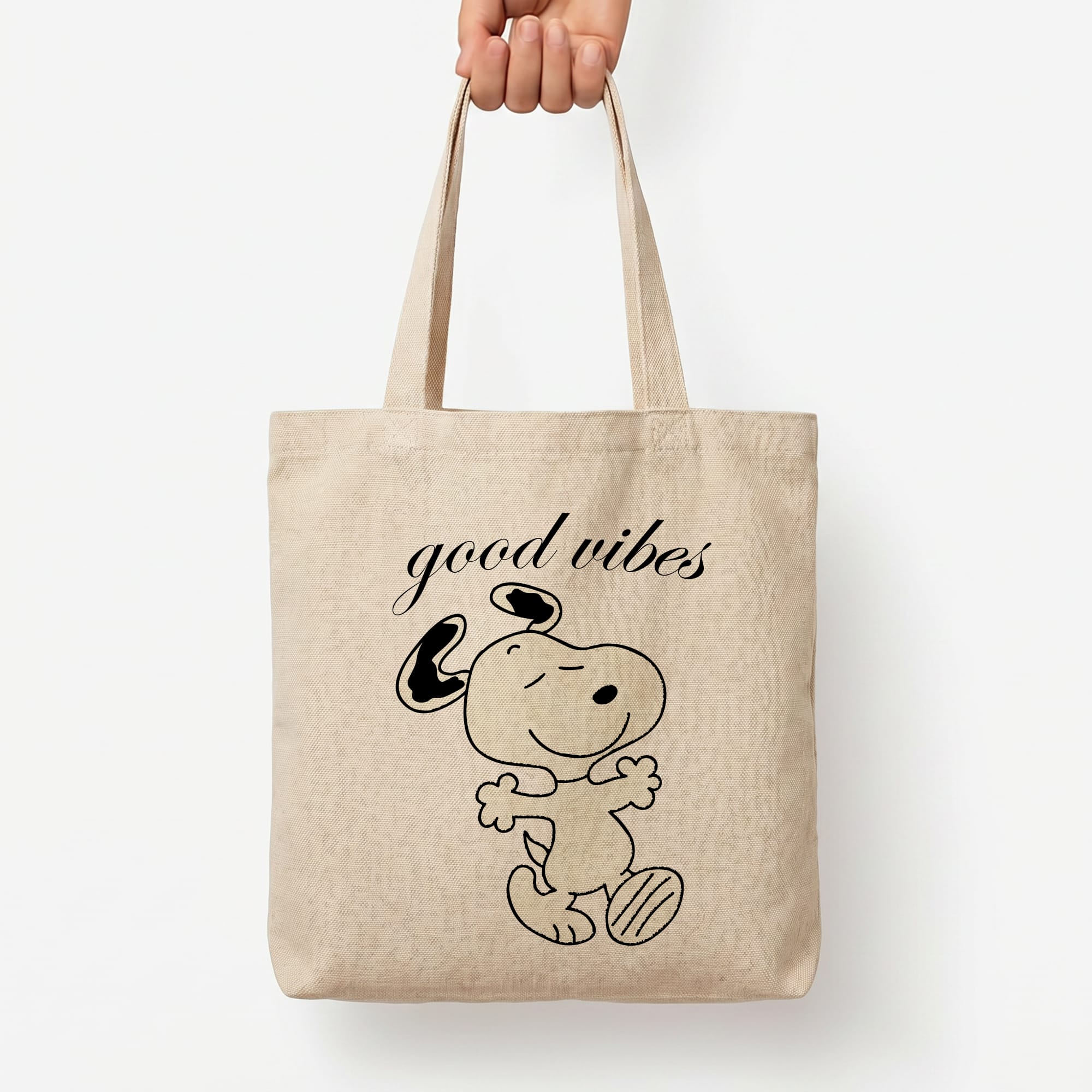 Good Vibes Cartoon Beagle Tote Bag — Natural / Large