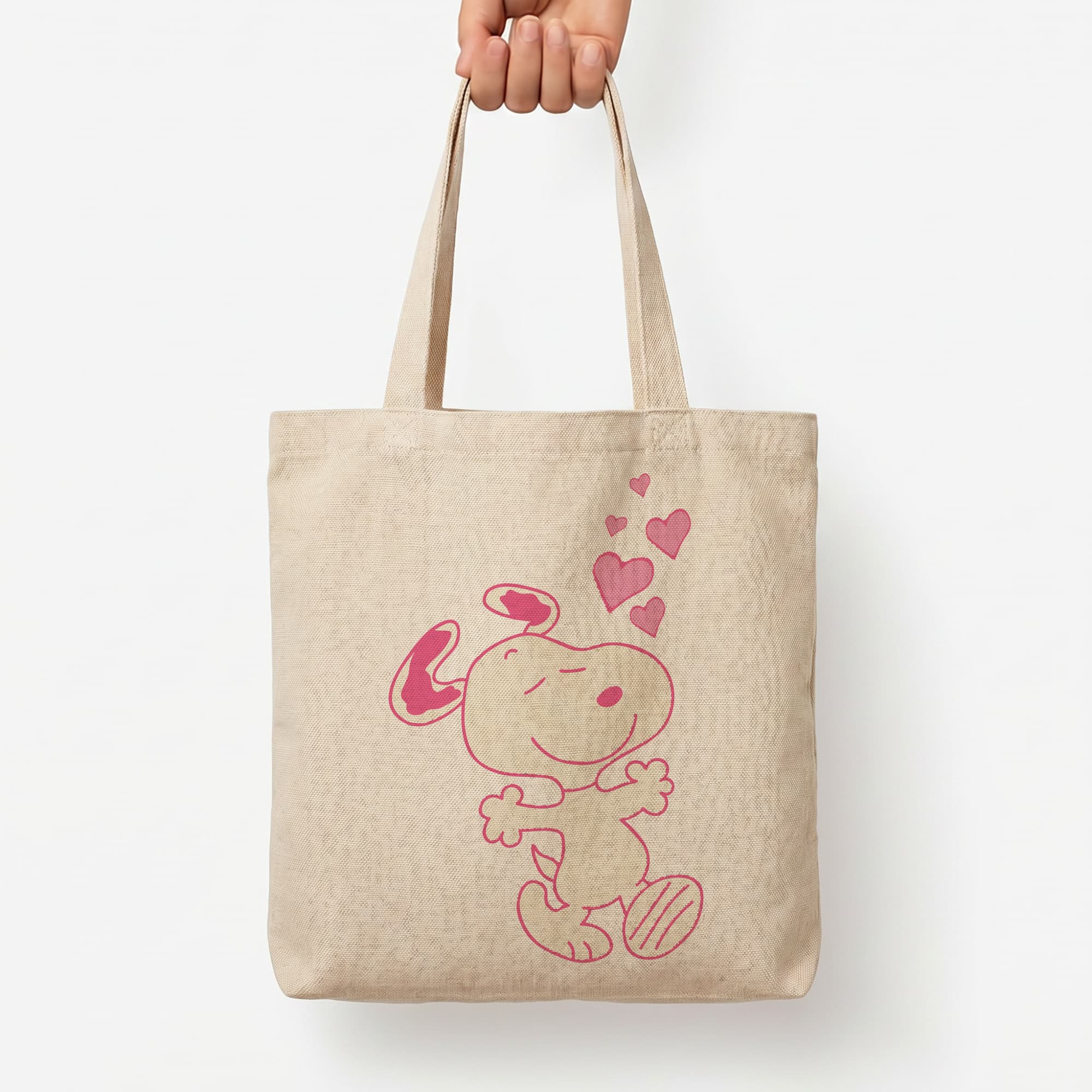 Cartoon Beagle Valentine Hearts Pattern Tote Bag — Natural / Large
