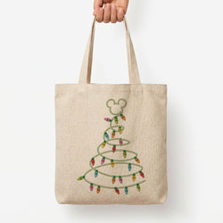 Cartoon Mouse Christmas Tree Lights Tote Bag — Natural / Large