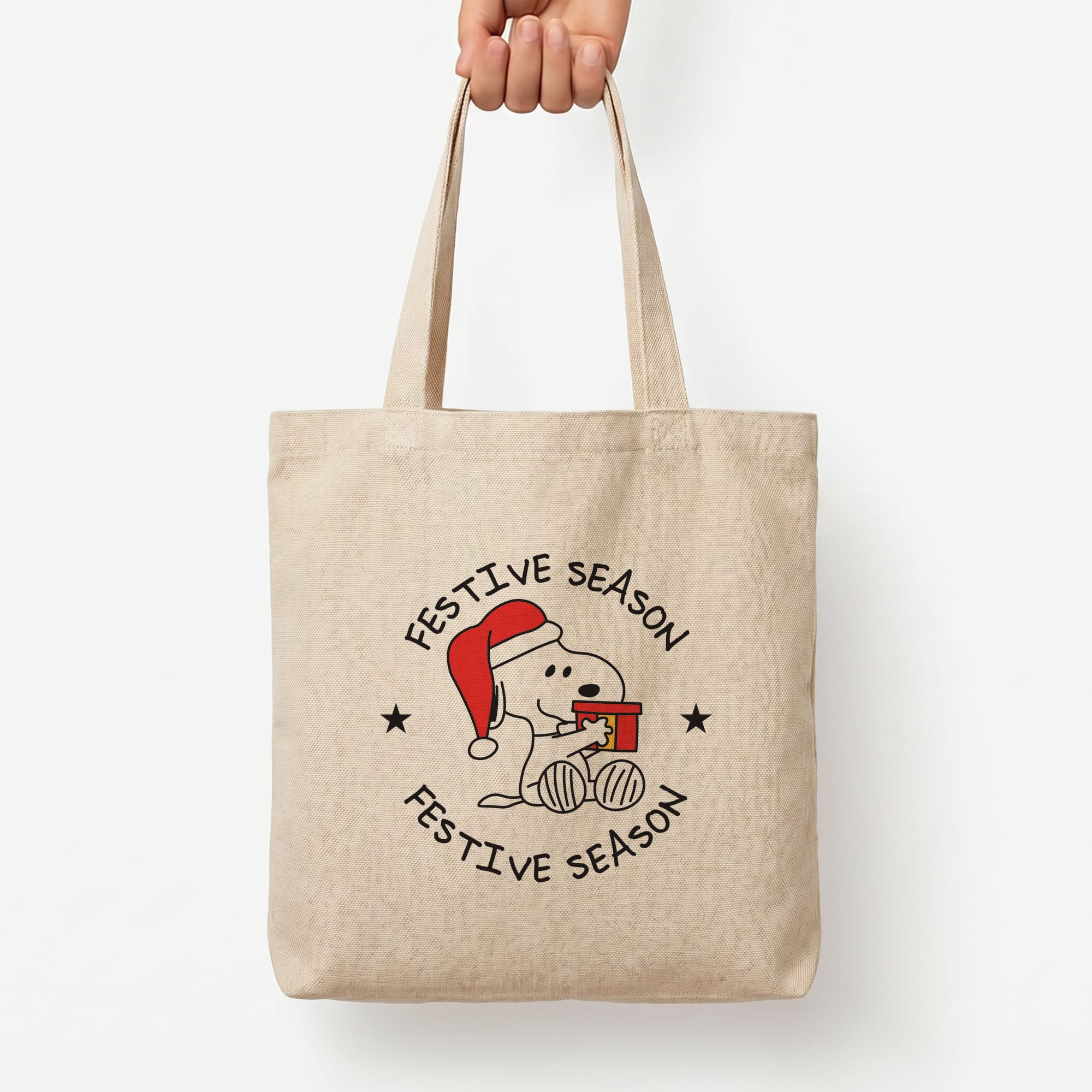 Cartoon Beagle Festive Season Tote Bag — Natural / Large