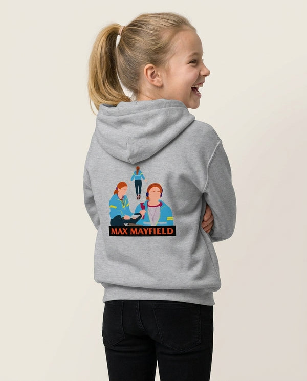 Max Mayfield Kids Hoodie — Grey Back, worn