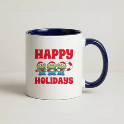 Happy Holidays Cute Green Aliens Coffee Navy Blue Mug