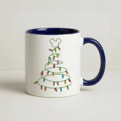 Cartoon Mouse Christmas Tree Lights Coffee Navy Blue Mug