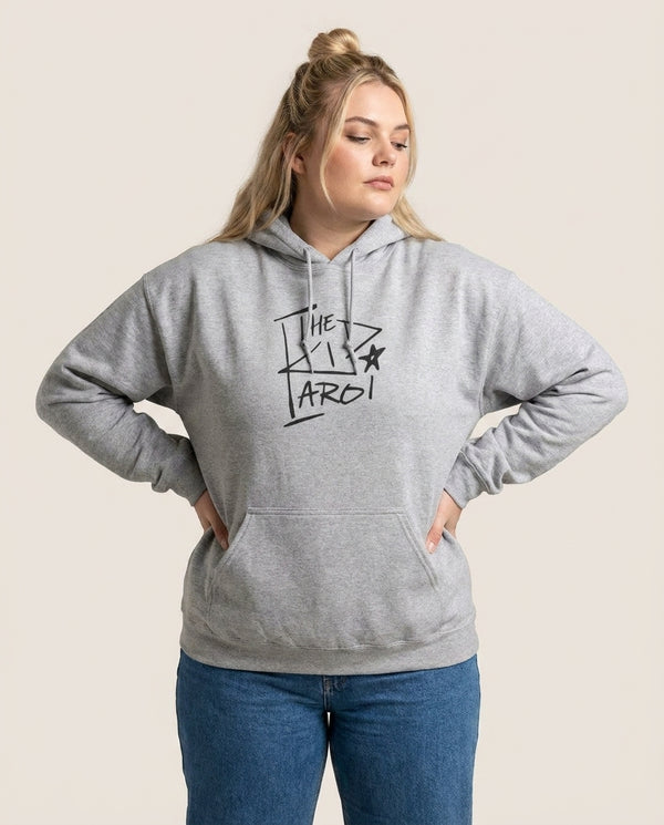 The Kid Hoodie — Grey Front, worn