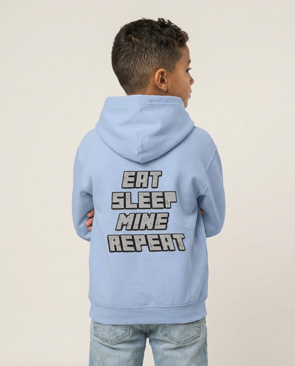 Eat Sleep Mine Repeat Kids Hoodie — Blue Back, worn