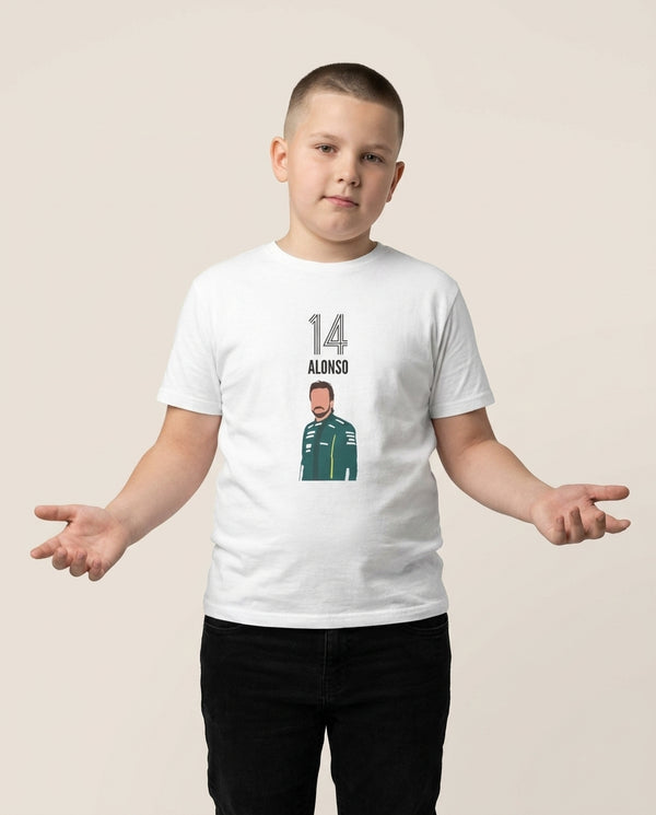 Alonso 2026 Kids T-Shirt — White Front, worn