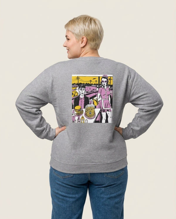 Popart Fender Sweatshirt — Grey Back, worn