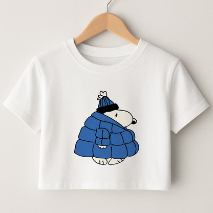 Cartoon Beagle Puffer Jacket Blue Crop Top