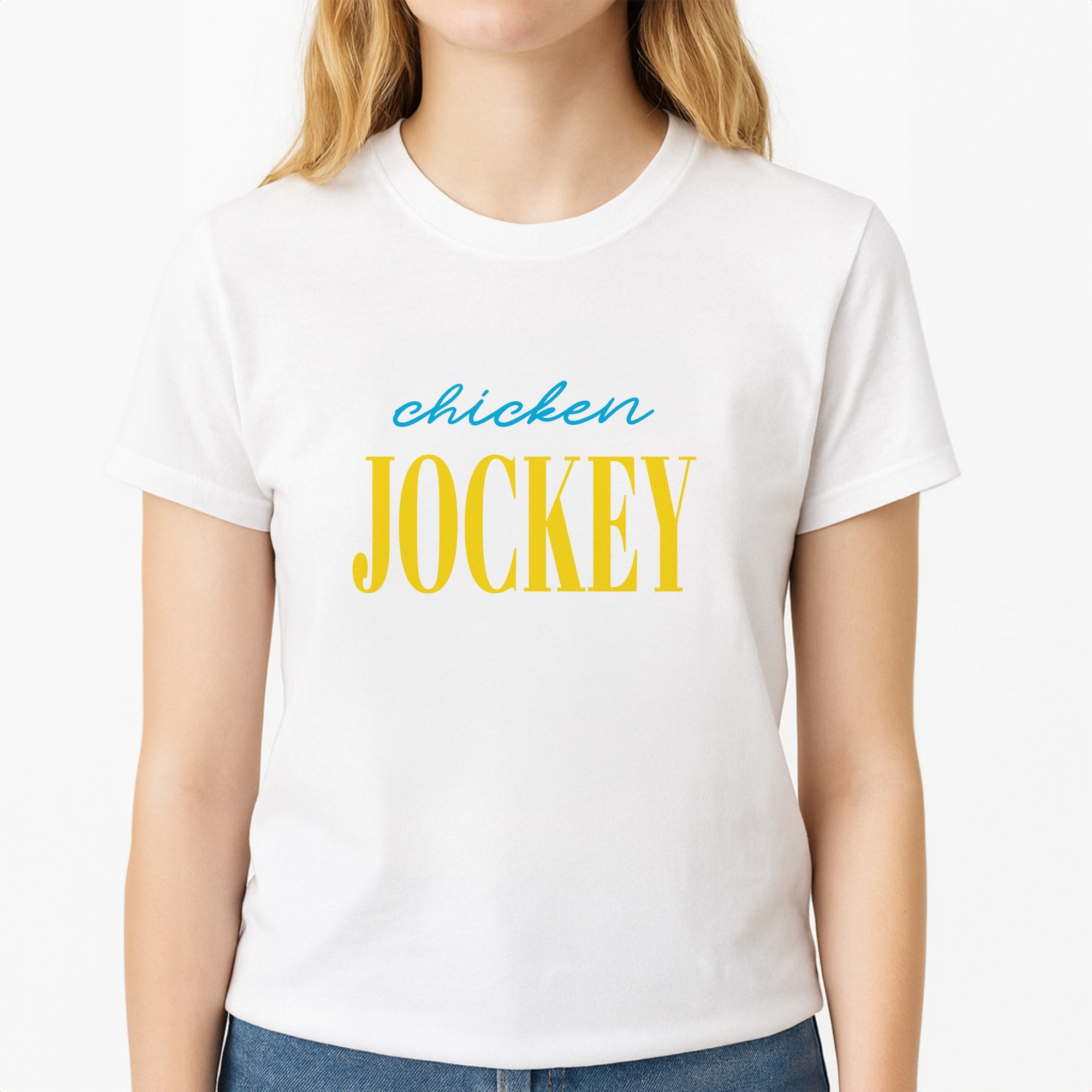 Chicken Jockey Blue Unisex T-Shirt, worn by a female model
