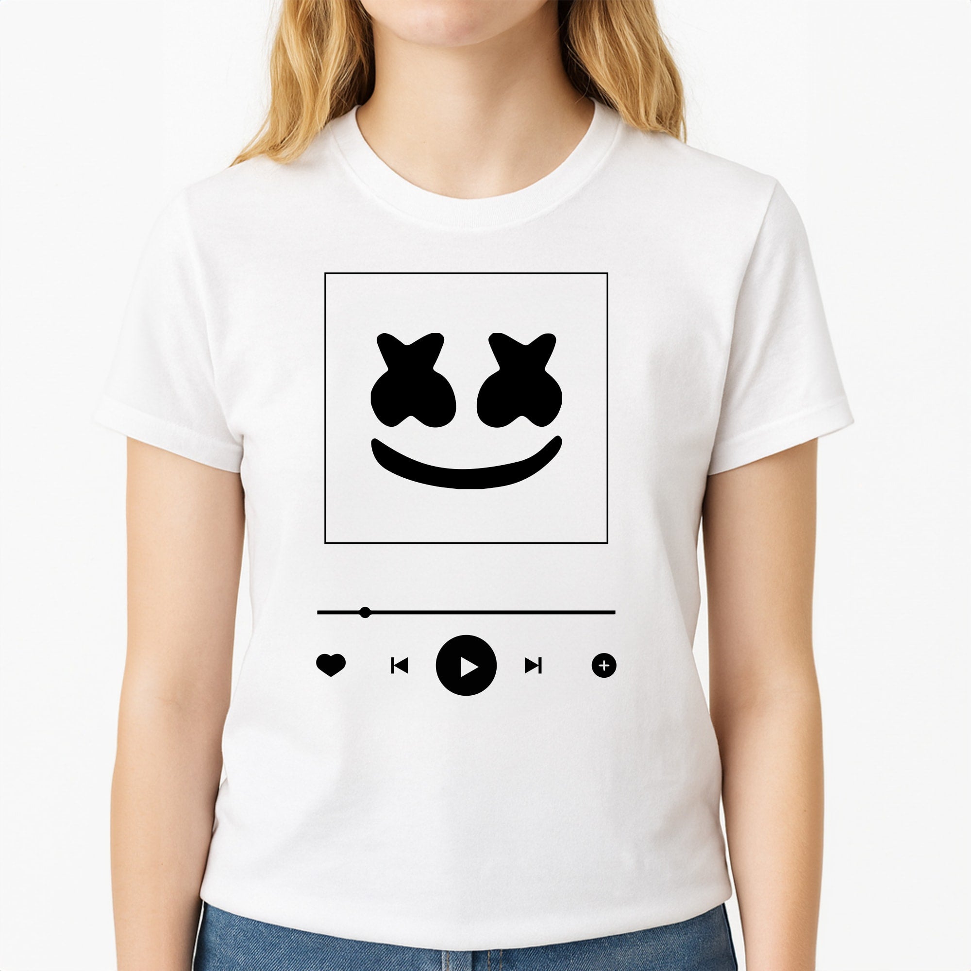 Helmet DJ Album Cover Unisex T-Shirt, worn by a female model