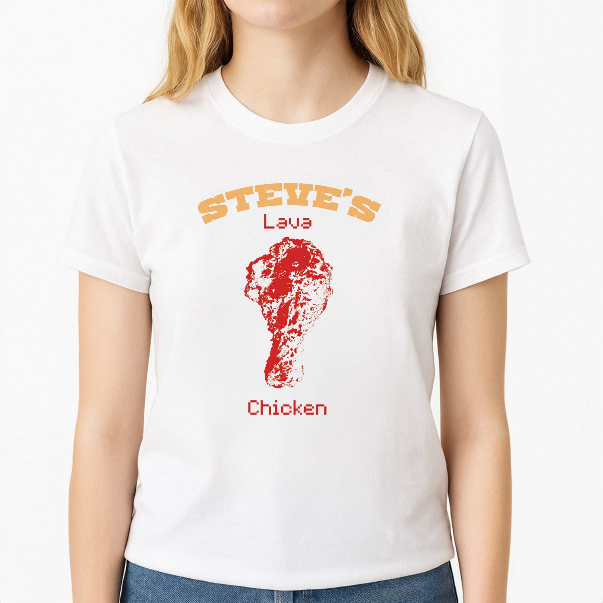 Steve's Lava Chicken Unisex T-Shirt, worn by a female model