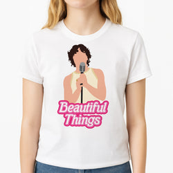 Neon Pink Beautiful Things Unisex T-Shirt, worn by a female model