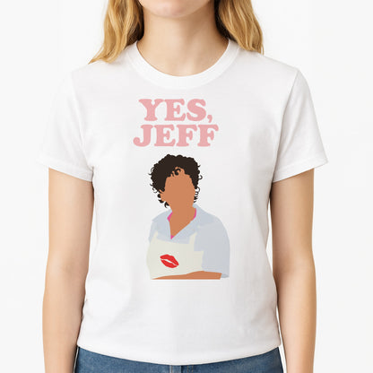 Yes Jeff Unisex T-Shirt, worn by a female model