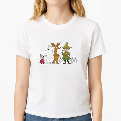 Moom Characters Unisex T-Shirt, worn by a female model