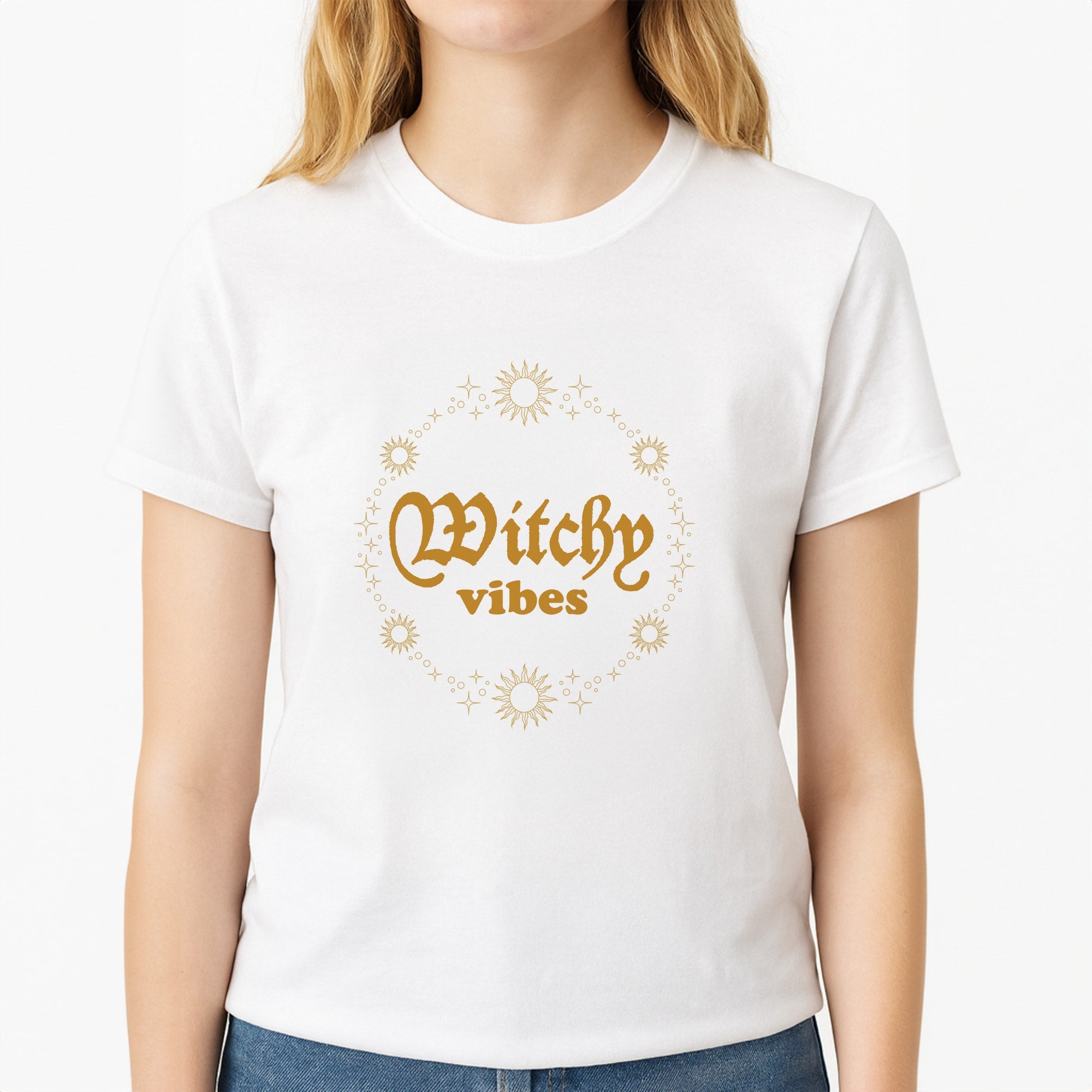 Witchy Vibes Green Unisex T-Shirt, worn by a female model