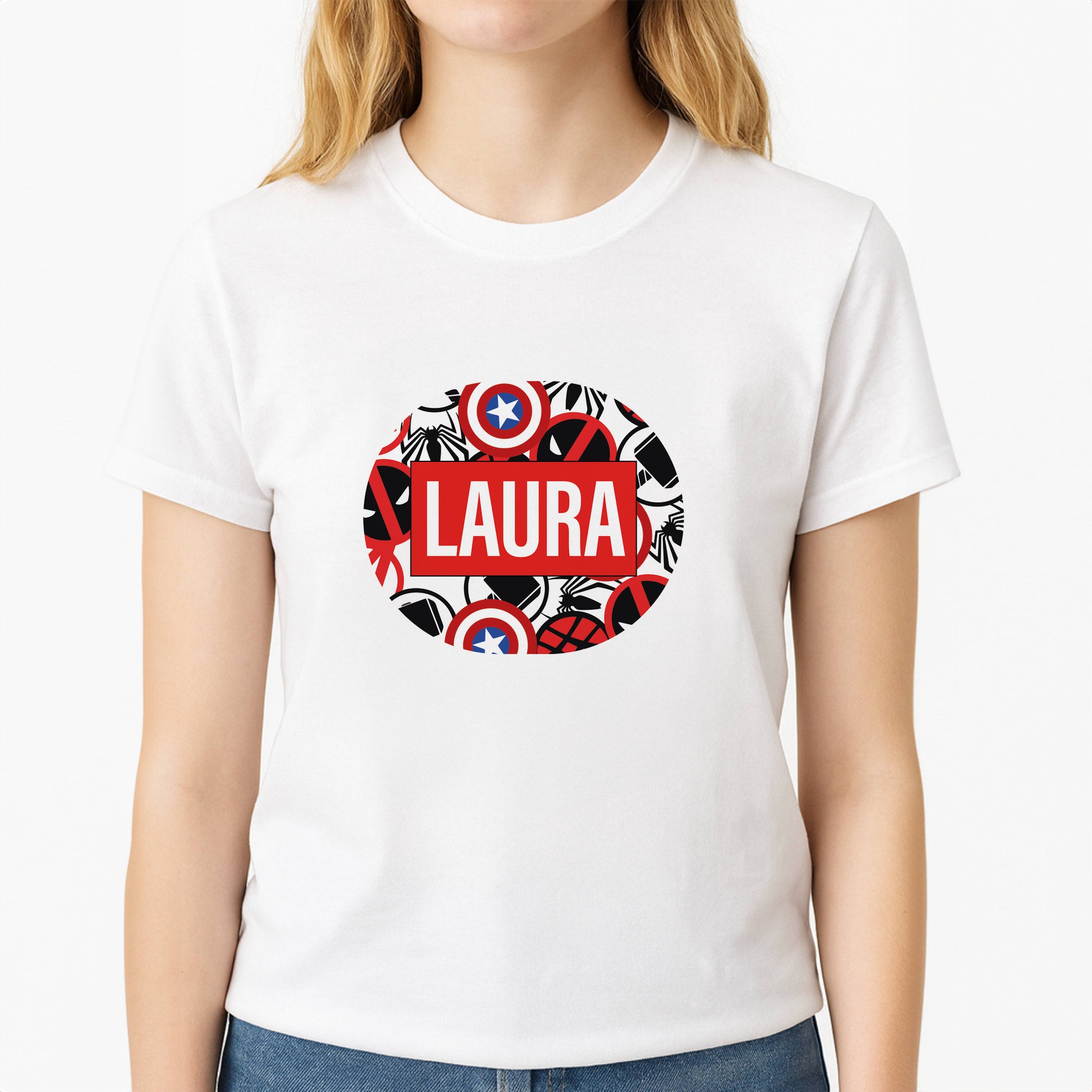 Collage - Personalised Superhero Comic Unisex T-Shirt, worn by a female model
