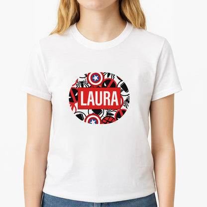 Collage - Personalised Superhero Comic Unisex T-Shirt, worn by a female model