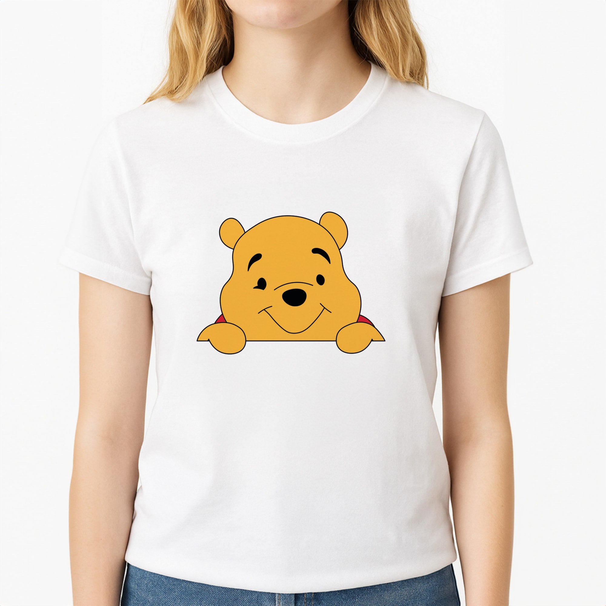 Cute Bear Leaning Unisex T-Shirt, worn by a female model