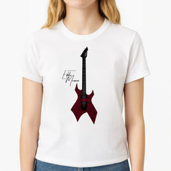 Eddie Munson Guitar Unisex T-Shirt, worn by a female model