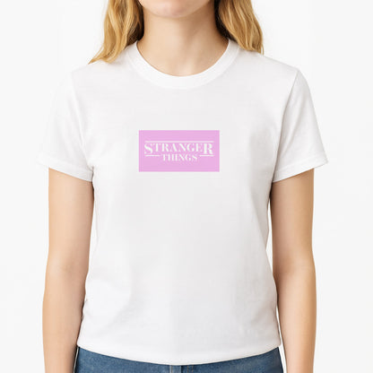 Pink Galaxy Stranger Unisex T-Shirt, worn by a female model