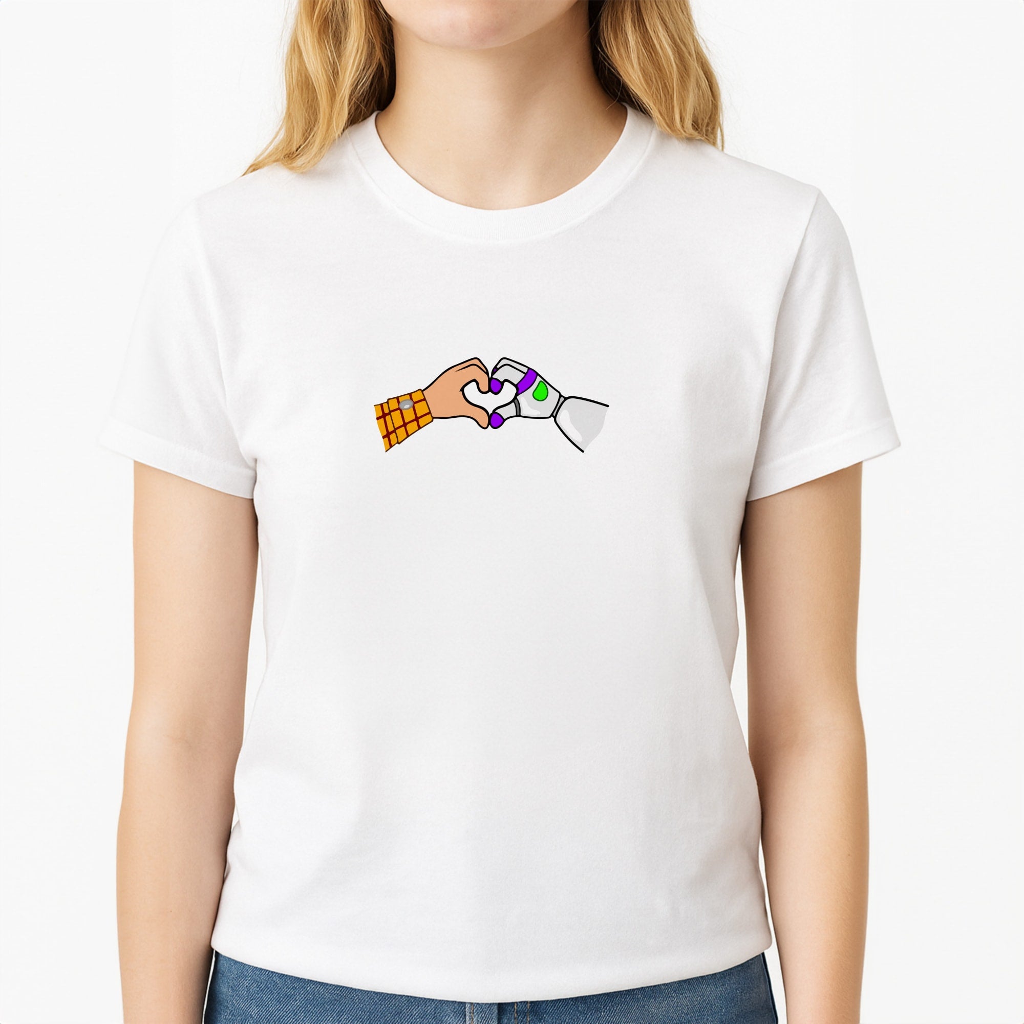 Woody And Buzz Love Unisex T-Shirt, worn by a female model