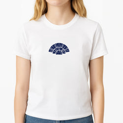 Blue Design Unisex T-Shirt, worn by a female model