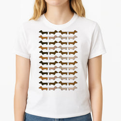 Collage - Dachshunds Unisex T-Shirt, worn by a female model