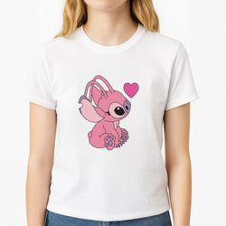 Love Heart Pattern - Pink Alien Unisex T-Shirt, worn by a female model