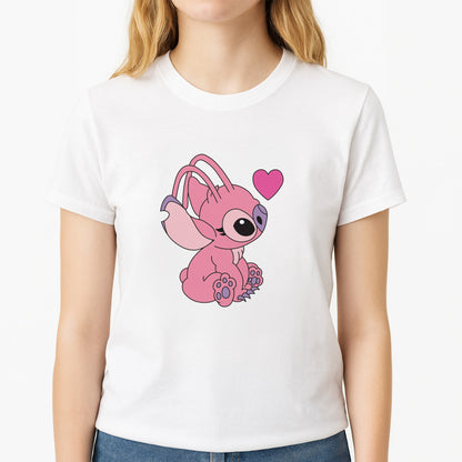 Love Heart Pattern - Pink Alien Unisex T-Shirt, worn by a female model