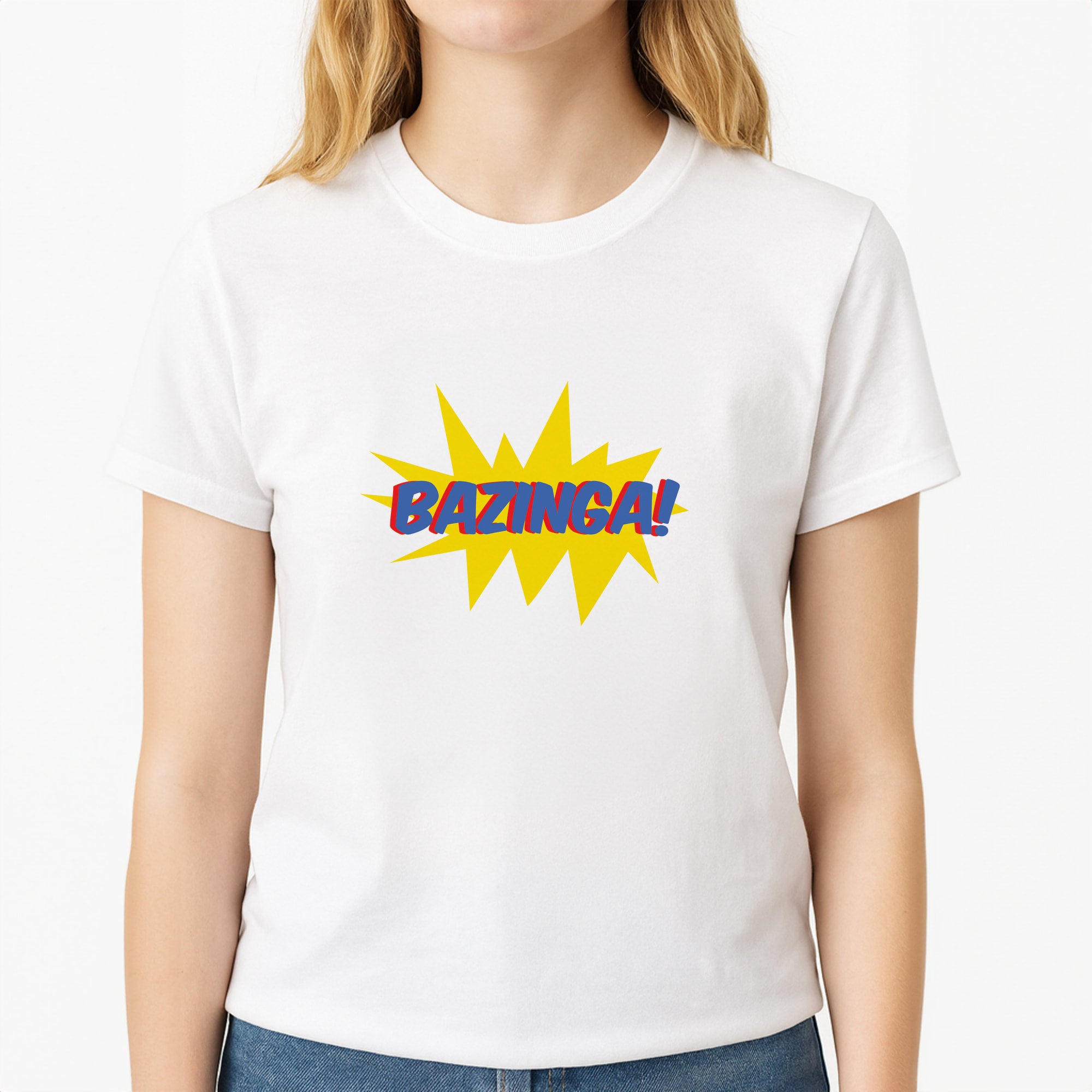 Bazinga! - TV Quotes Unisex T-Shirt, worn by a female model