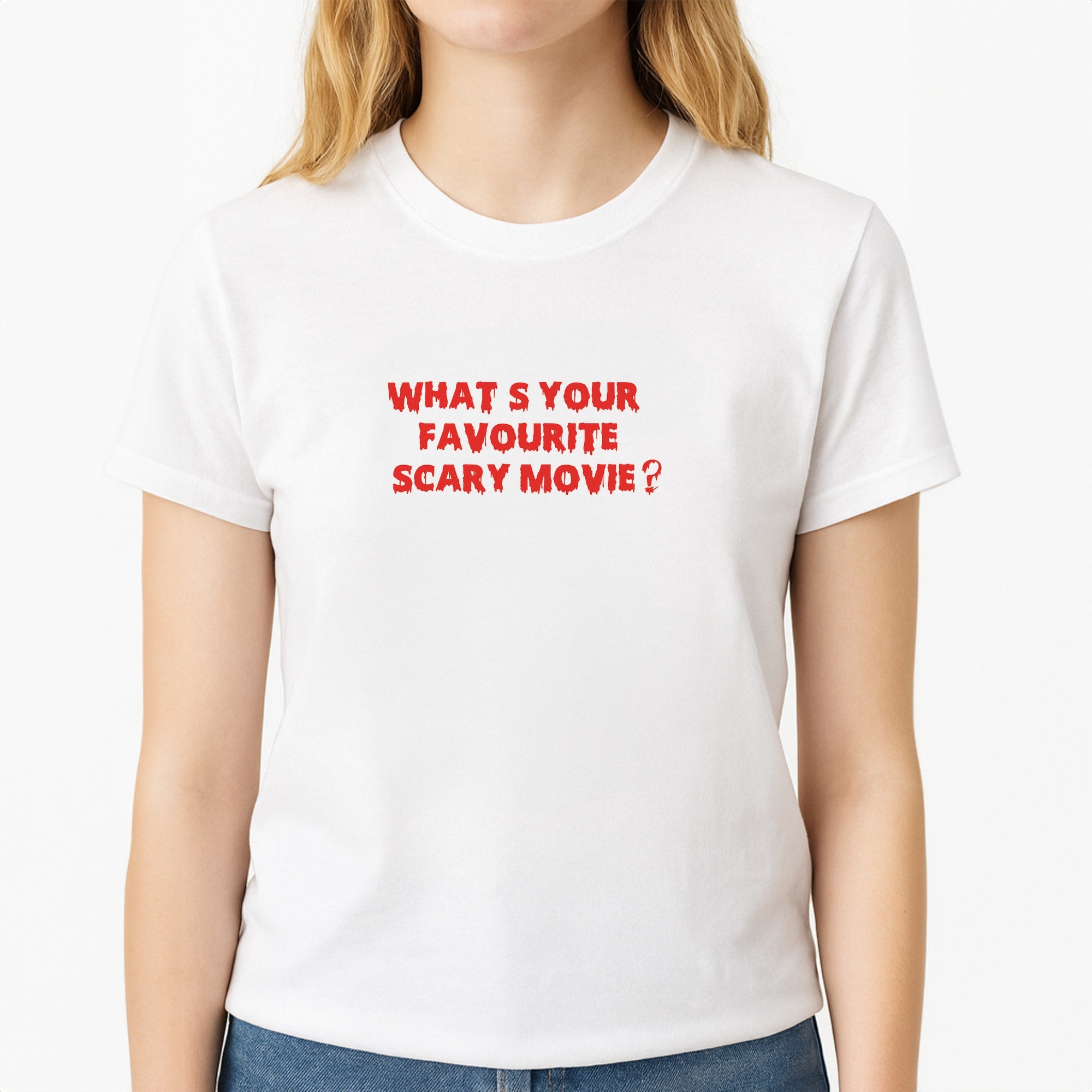 What's Your Favourite Scary Movie - Scream Unisex T-Shirt, worn by a female model