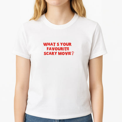 What's Your Favourite Scary Movie - Scream Unisex T-Shirt, worn by a female model