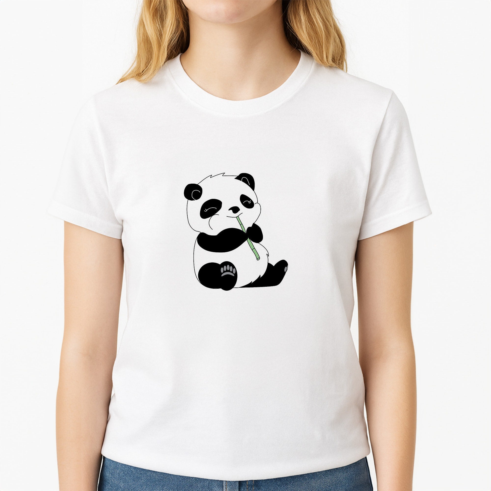 Vegan Panda Unisex T-Shirt, worn by a female model