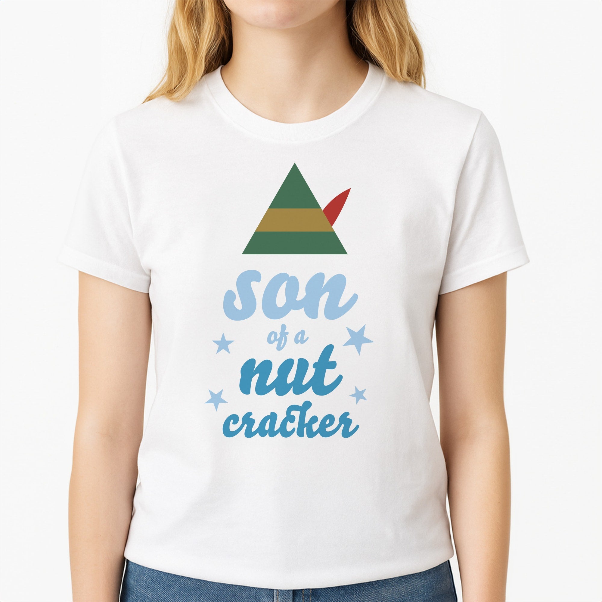 Son Of A Nut Cracker - Elf Unisex T-Shirt, worn by a female model