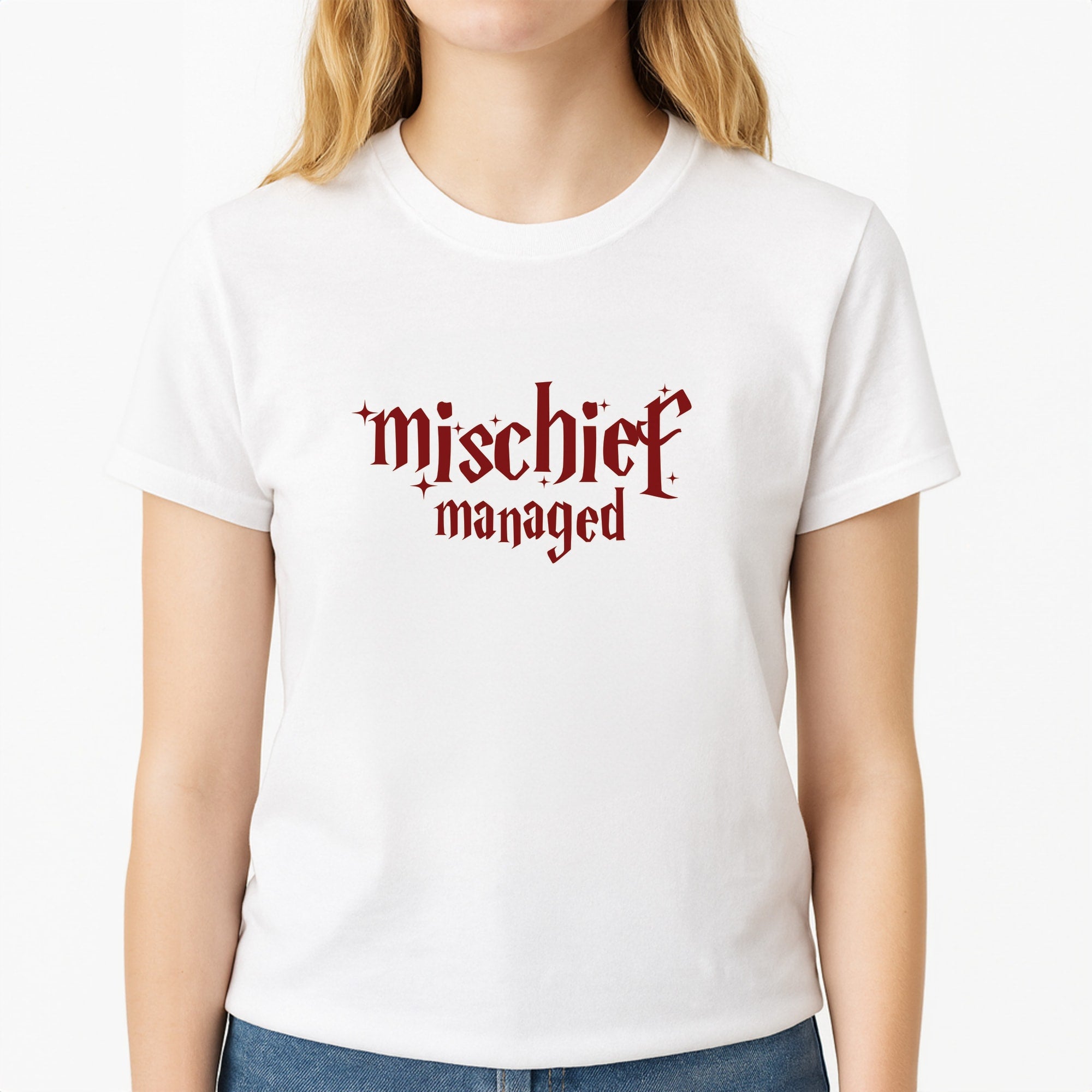 Mischief Unisex T-Shirt, worn by a female model